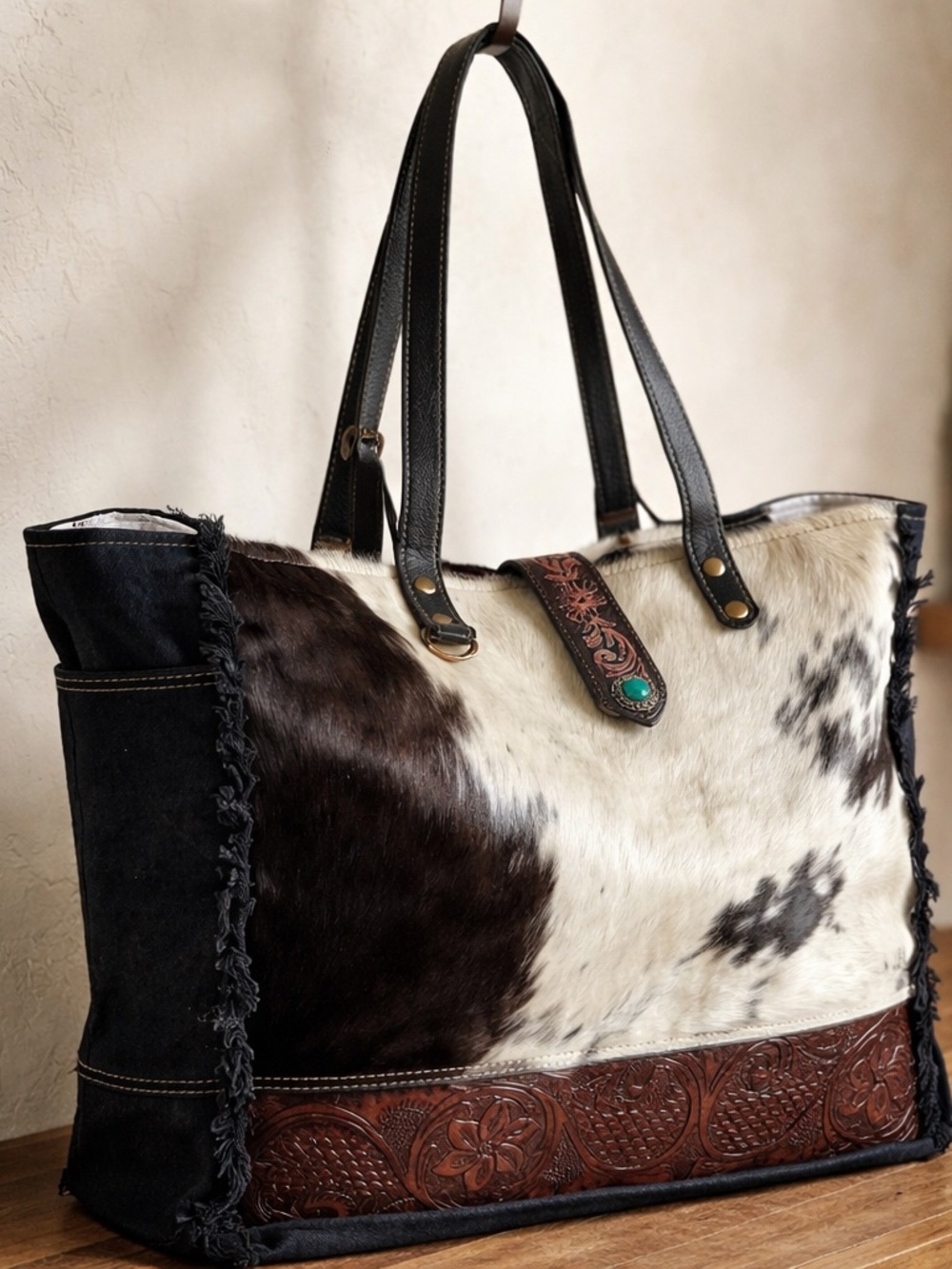 Myra Cowhide Weekender Bag XL Western Leather Travel Duffel Boho Tote Carry On